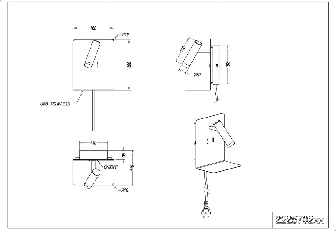 lightling LED Wandleuchte Nachttischlampe Kian mit Lese Spot und Ablage für Handy (inkl. USB Anschlu