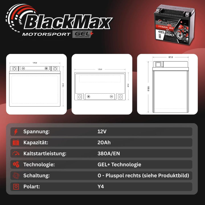 BlackMax YTX20L-BS Motorradbatterie GEL 12V 20Ah GTX20L-BS CTX20L-BS Outlander 20Ah - 340A - YTX20L-