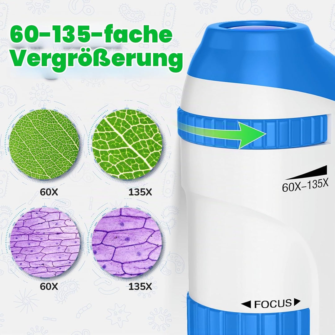 HUTACT Mini Mikroskop für Kinder mit Objektträger Set: 60x-135x LED Taschenmikroskop Tragbares Handm