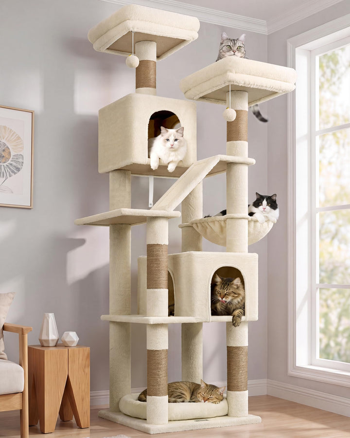 Globlazer Kratzbaum Ecke Hoch 189 cm mit 2 Katzenhaus, 2 Gepolsterte Sitzstangen, Katzenkorb VergröB