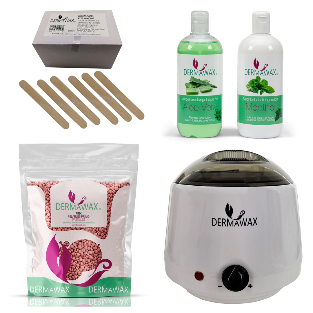 Dermawax Profi Waxing Set- 1000 ml Wachsgerät- Made in Spanien- 1 kg Pink Wachsperlen- 500 ml Aloe V