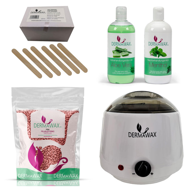 Dermawax Profi Waxing Set- 1000 ml Wachsgerät- Made in Spanien- 1 kg Pink Wachsperlen- 500 ml Aloe V