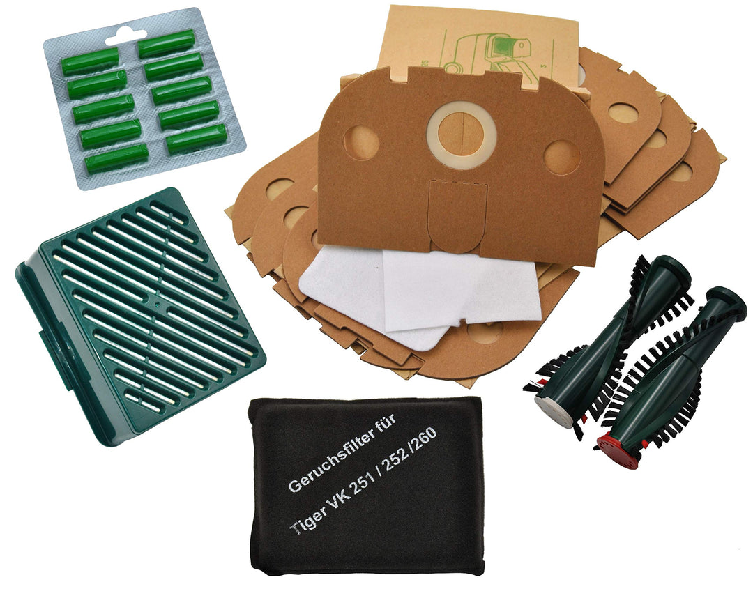 10 Staubsaugerbeutel + Aktivfiltersystem + Bürsten + 10 Duft kompatibel mit Vorwerk Tiger 251 252, E