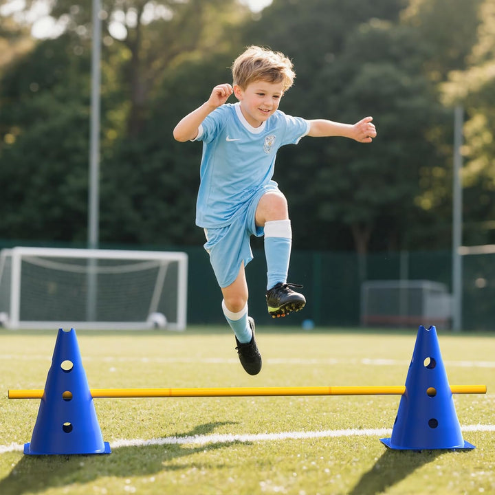 GHB Steckhürdenset 12 Kegel 18 Stangen, Agility Hürden Set Hunde, Fussball Trainingszubehör für Koor