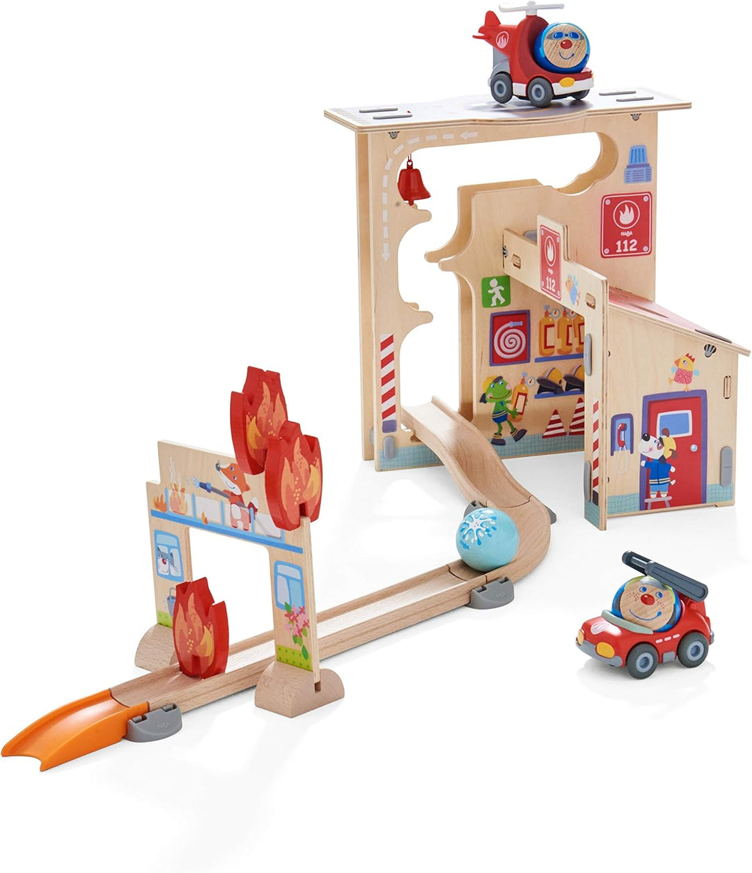 HABA 304847 - Kullerbü – Spielbahn Feuerwehrwache, Holzkugelbahn mit vielen Spieleffekten, Feuerwehr