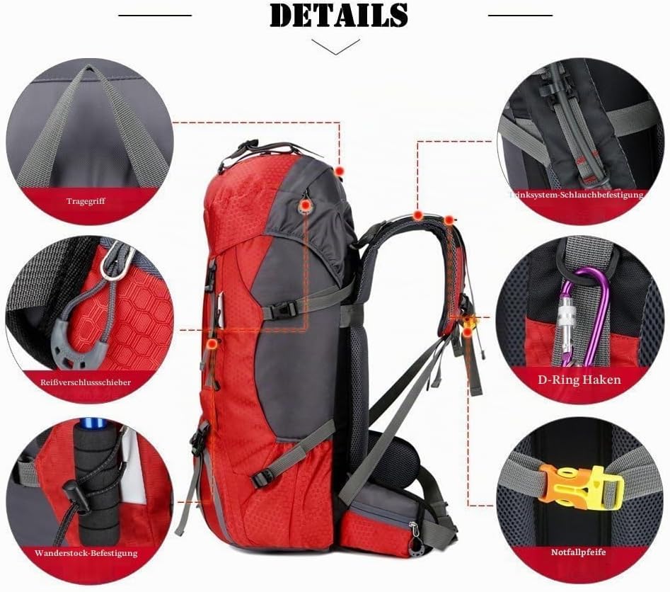 Bseash 60L Wasserdichter leichter Wanderrucksack mit Regenschutz, Outdoor Sport Tagesrucksack Multif
