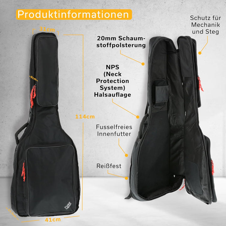 PURE GEWA Gitarren Gig-Bag Serie 120 für Westerngitarre, schwarz, 20 mm Schaumstoffpolsterung mit gr