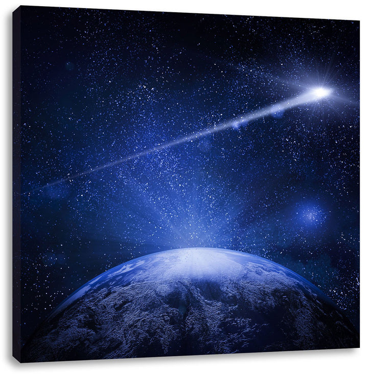 Pixxprint Sternschnuppe fliegt über den Planeten Erde, Format: 70x70 auf Leinwand, 70x70