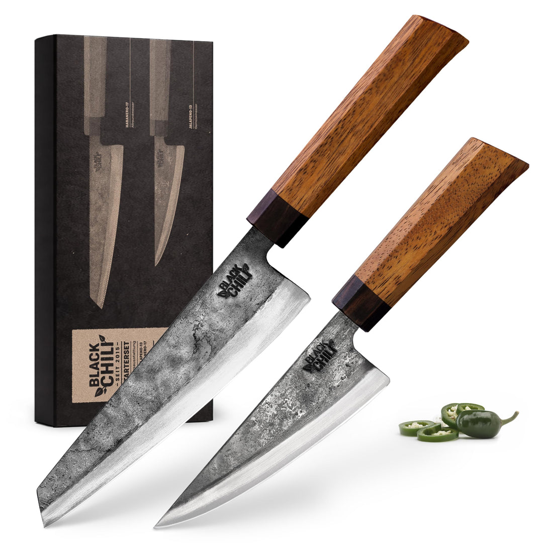 Küchenmesser Set (2-teilig) | Santoku Messer & Gemüsemesser mit Eisenholz Griff | 13 & 17 cm Carbons
