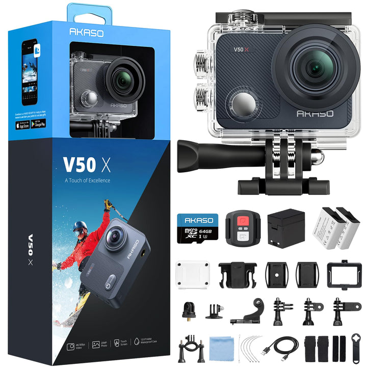 AKASO V50X Action Cam 4K30FPS mit 64GB U3 Speicherkarte Unterwasserkamera WiFi 40M EIS Anti-Shake Ac