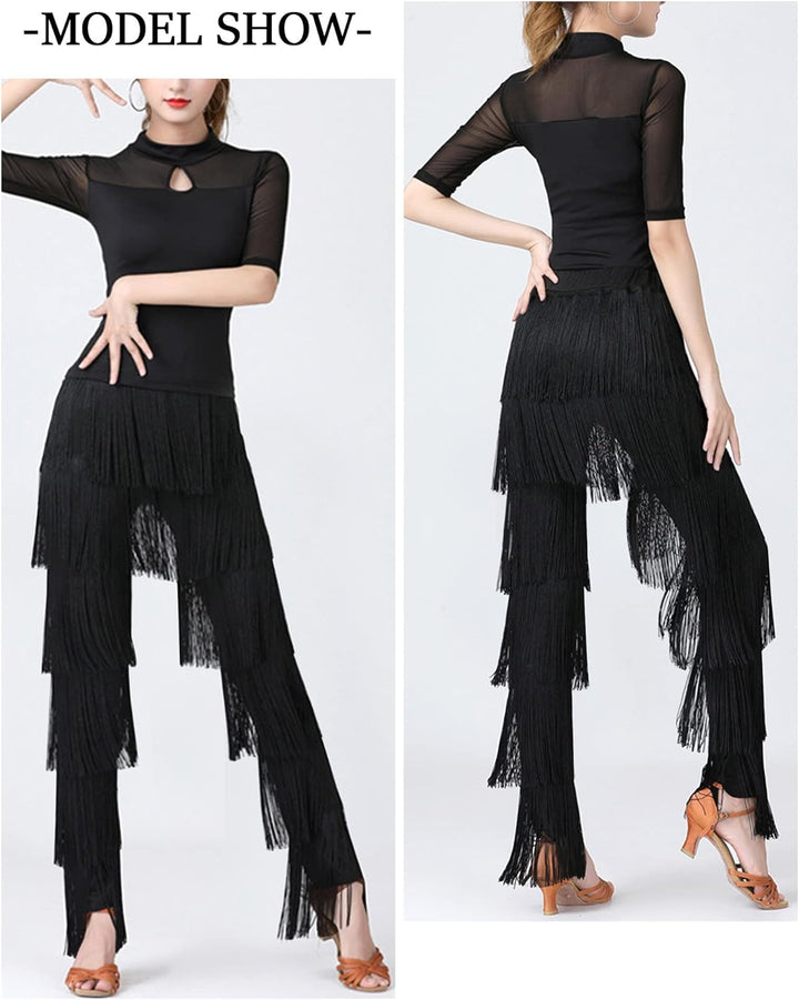 SEAUR Damen Fransenhose Latein Tanzhose Quaste Fransen Hose Tanz Ballsaal Tango Salsa Rumba Cha Cha