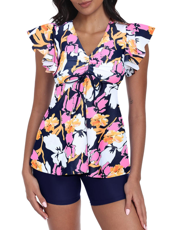 Ecupper Damen Zweiteilig Badeanzug Push up Tankini Set mit Badeshorts Bademode L Orange, L Orange