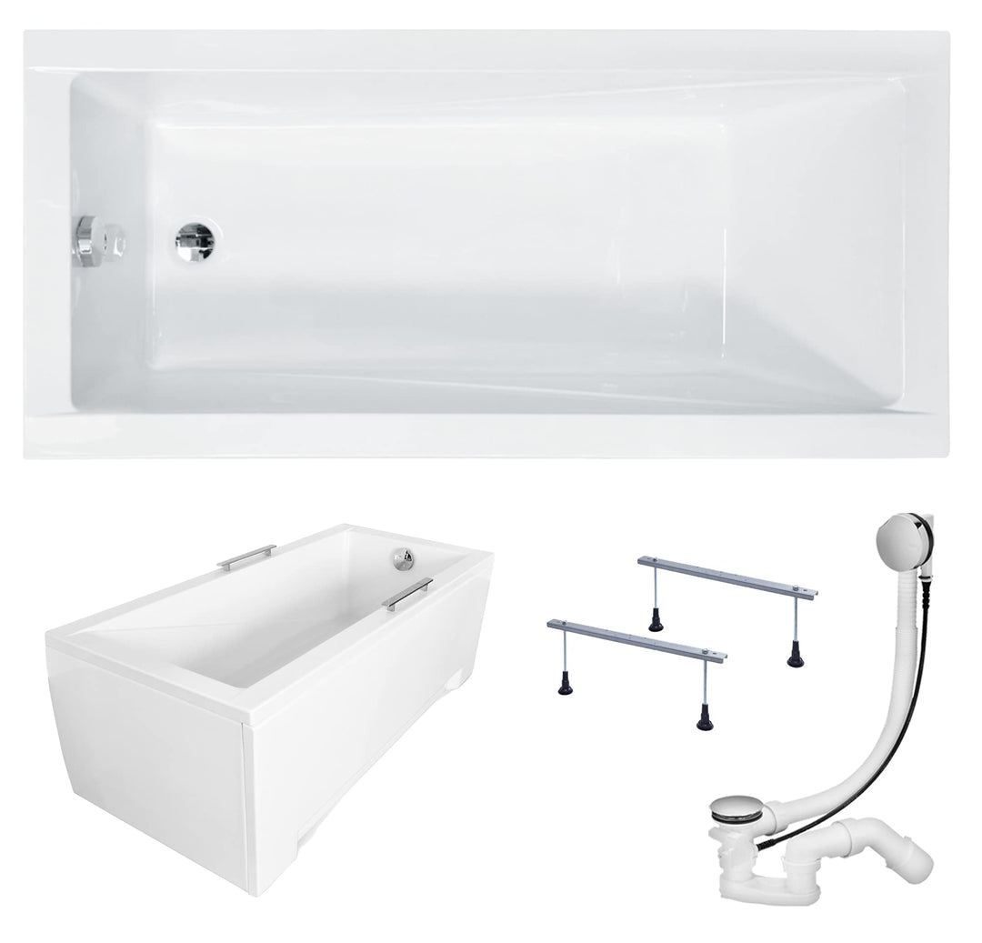 KOLMAN Badewanne MODERN Rechteck 150x70 mit AcrylSchürze, Ablaufgarnitur und Füssen Komplettset 4in1