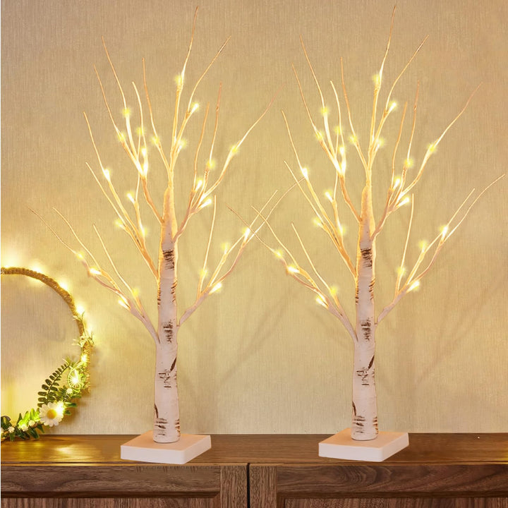 2er Set LED Baum Lichter Warmweiss, 60cm/2ft Birke LED Lichterbaum Innen mit 24 LEDs Licht, USB/Batt