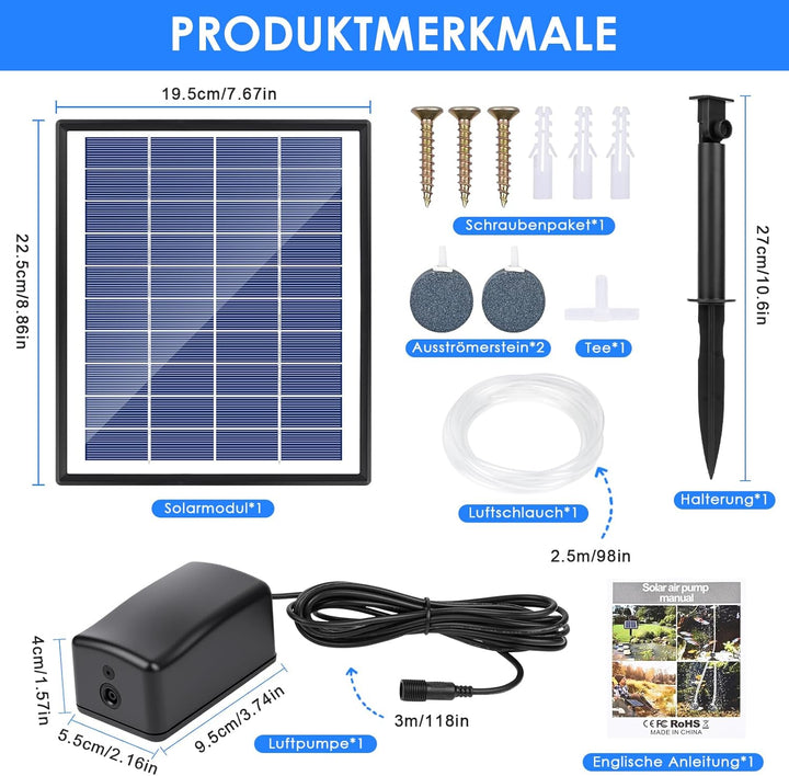 GuKKK Solar Sauerstoffpumpe, 6W Solar Teichbelüfter, Solar Luftpumpe Aquarium Oxygenator, Oxygenator