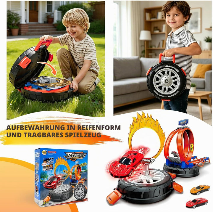 Autorennbahn Rennspielzeug Kinder mit 6 Spielzeugautos 2 Rampen 1 Reifenaufbewahrungsbox für Mädchen