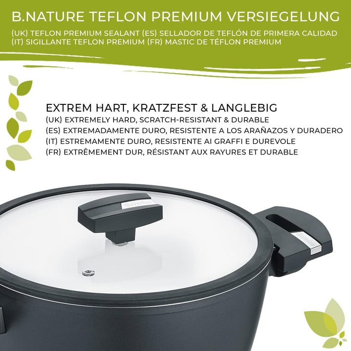 Berndes Topf Balance b.nature 24 cm, Kochtopf mit nachhaltiger Beschichtung aus Quarz, inkl. Glasdec
