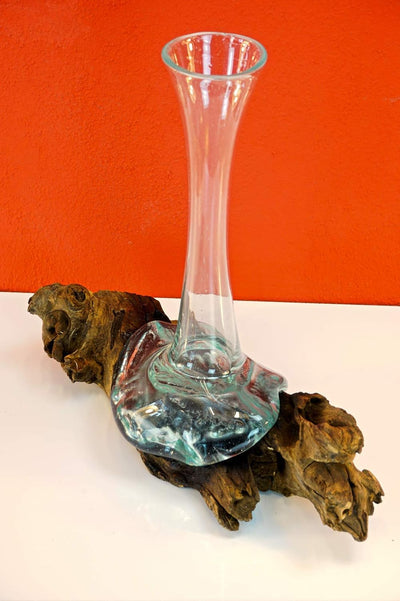 Geschmolzenes Glas auf Wurzelholz - Glasschale auf Wurzel - Teak Holz mit Glasvase oder Schale (Vase