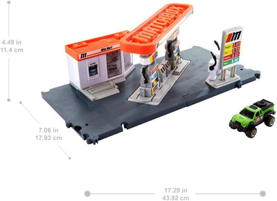 Matchbox GVY84 - Tankstellen Spielset mit 1 Fahrzeug im Massstab 1:64 und interaktiven Zapfsäulen, m