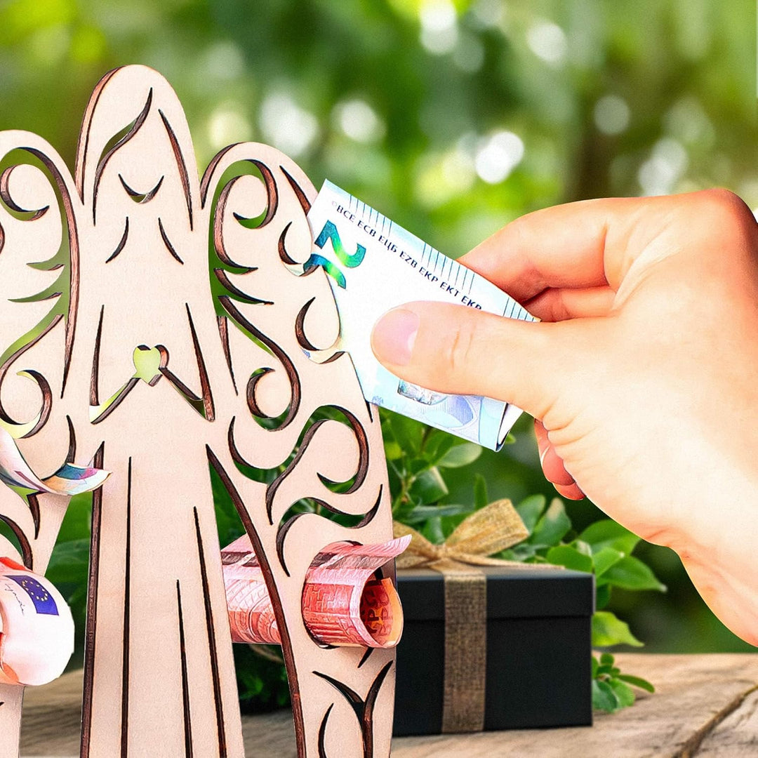 Schutzengel aus Holz zur Taufe, personalisierte Geld Engel Figur als Geschenk zur Geburt, Deko Holze