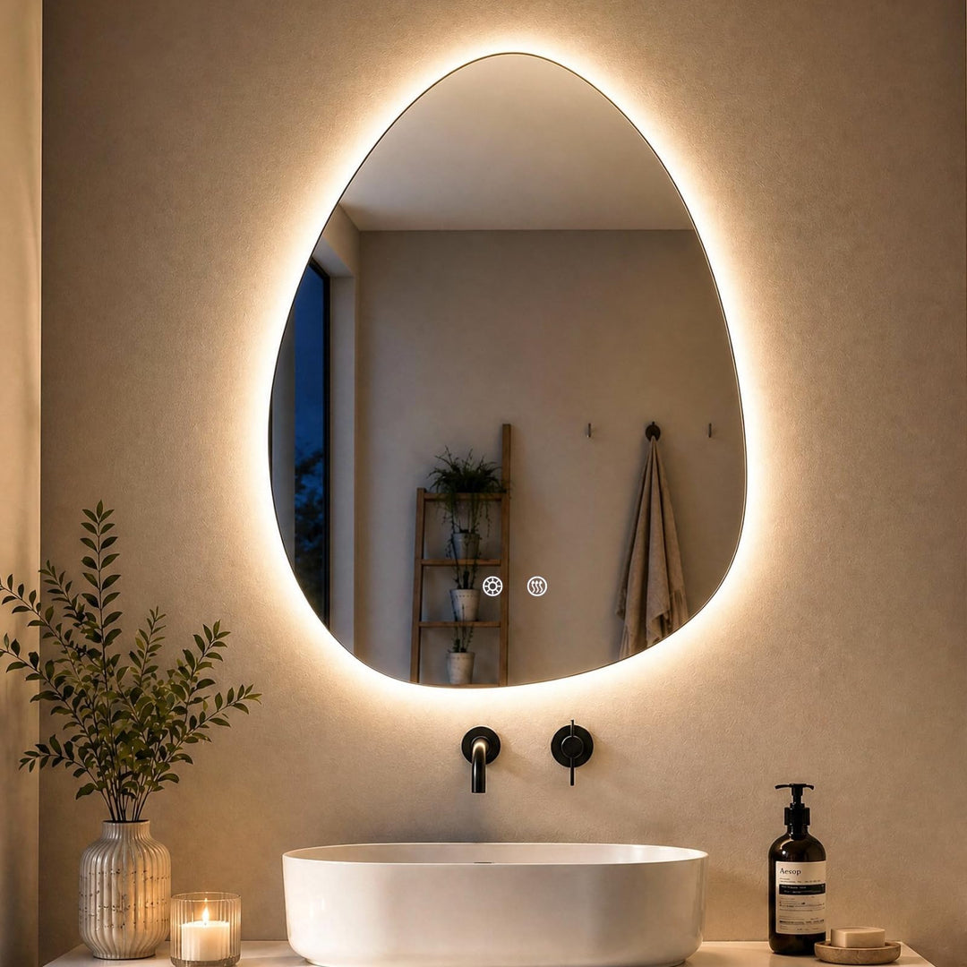 Clevich Badspiegel mit Beleuchtung Asymmetrisch 80×60 cm, LED Spiegel mit 3 Lichtfarben dimmbar, geh