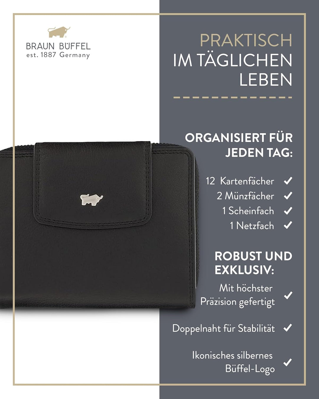 BRAUN BÜFFEL - Geldbörse Damen aus echtem Rindsleder Golf 2.0 - Trifold Geldbeutel Portemonnaie gerä