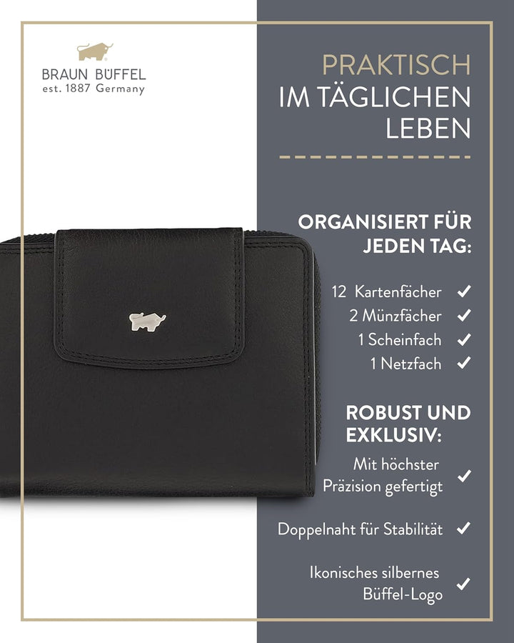 BRAUN BÜFFEL - Geldbörse Damen aus echtem Rindsleder Golf 2.0 - Trifold Geldbeutel Portemonnaie gerä