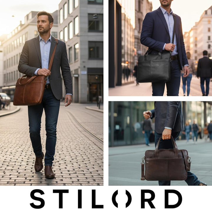 STILORD "Leonel Schmale Laptoptasche 15.6 Zoll Leder Braun Aktentasche Herren Notebooktasche Echtled