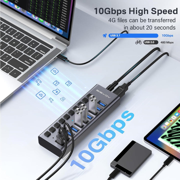 ACASIS Powered USB Hub,10 Ports USB 3.1 Hub mit 10Gbps Data Speed, Individuellen On/Off Schalter, 12