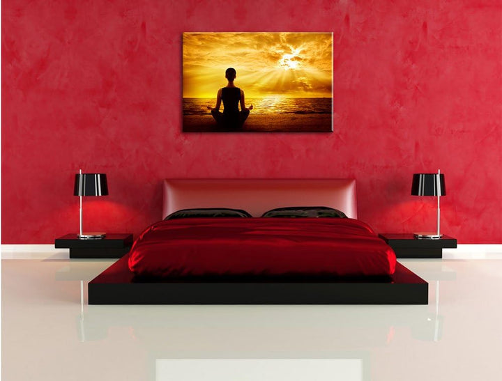 Pixxprint Frau meditiert bei Sonnenaufgang am Strand, Format: 100x70 auf Leinwand, XXL riesige Bilde