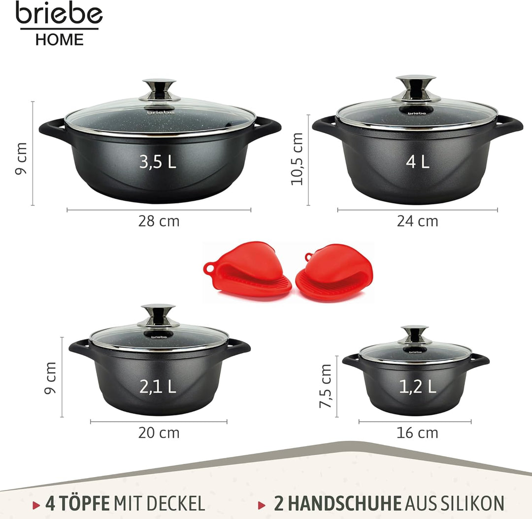 briebe Topfset Induktion 8-Teilig, Kochtopf Set 4 Töpfen aus Aluminiumguss, Antihaftbeschichtung ILA