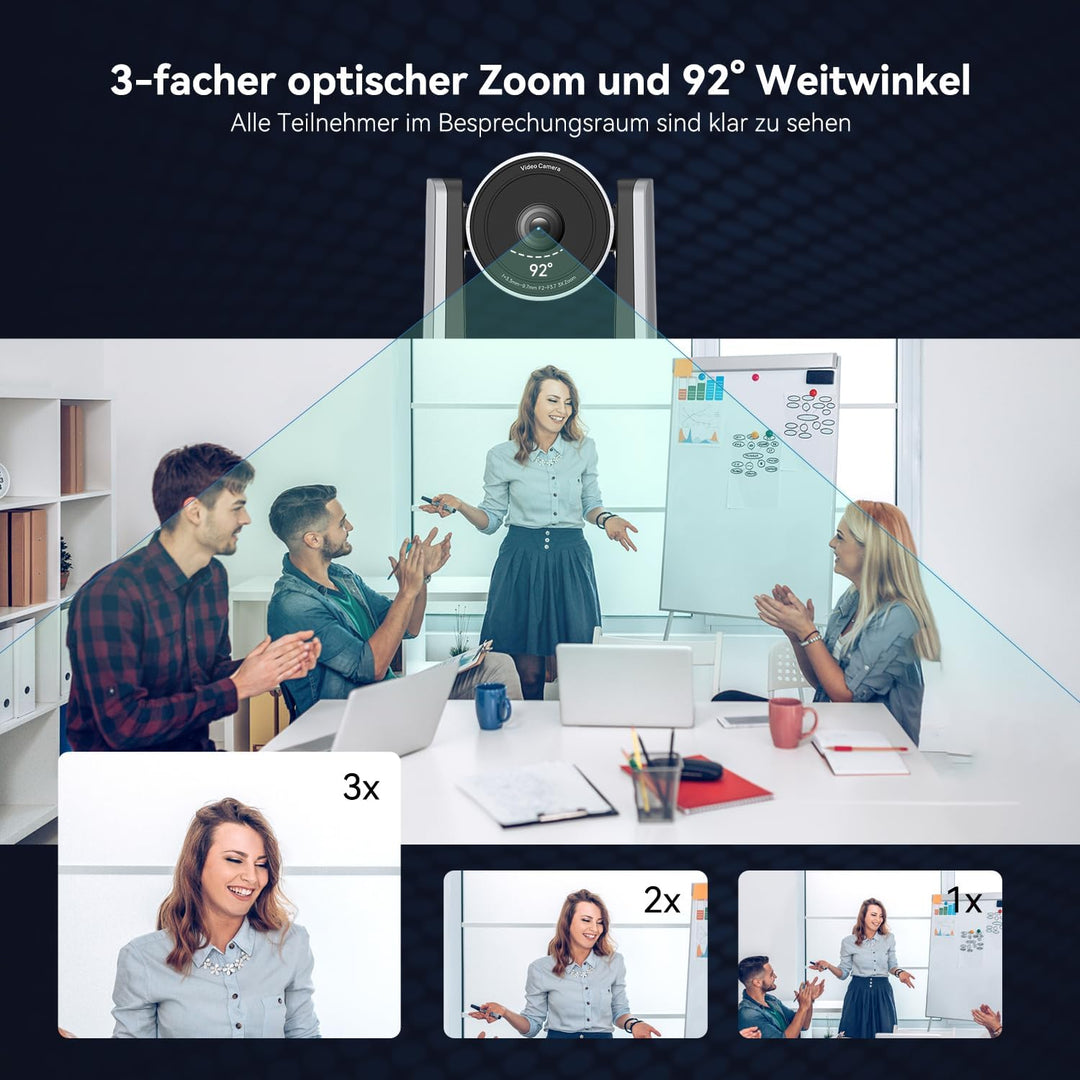 4K PTZ-Kamera mit KI-Autotracking, 3-fachem optischem Zoom, 92° Weitwinkel, USB 3.0 und HDMI. Konfer