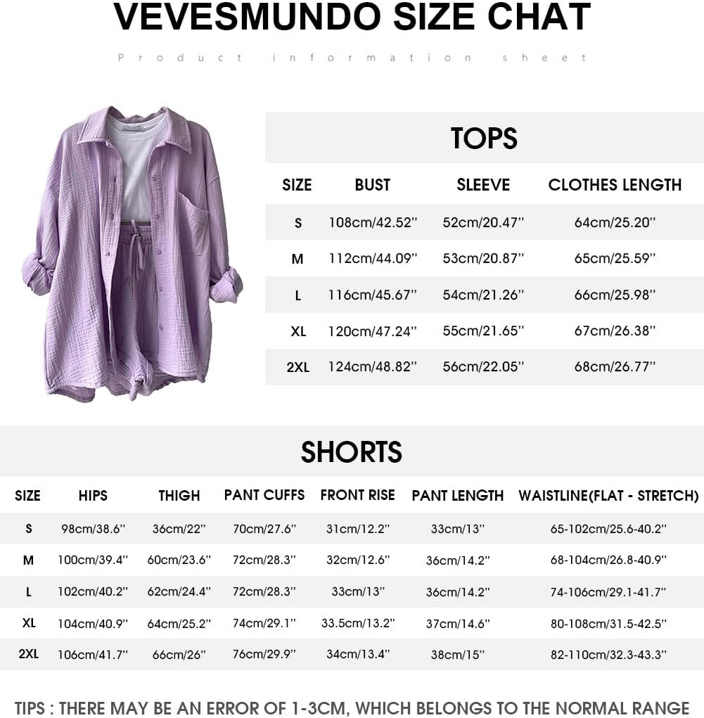 VEVESMUNDO Damen Sommer Musselin Bluse Hemd und Shorts Zweiteiler Set Baumwolle Strand Outfit Set Gr