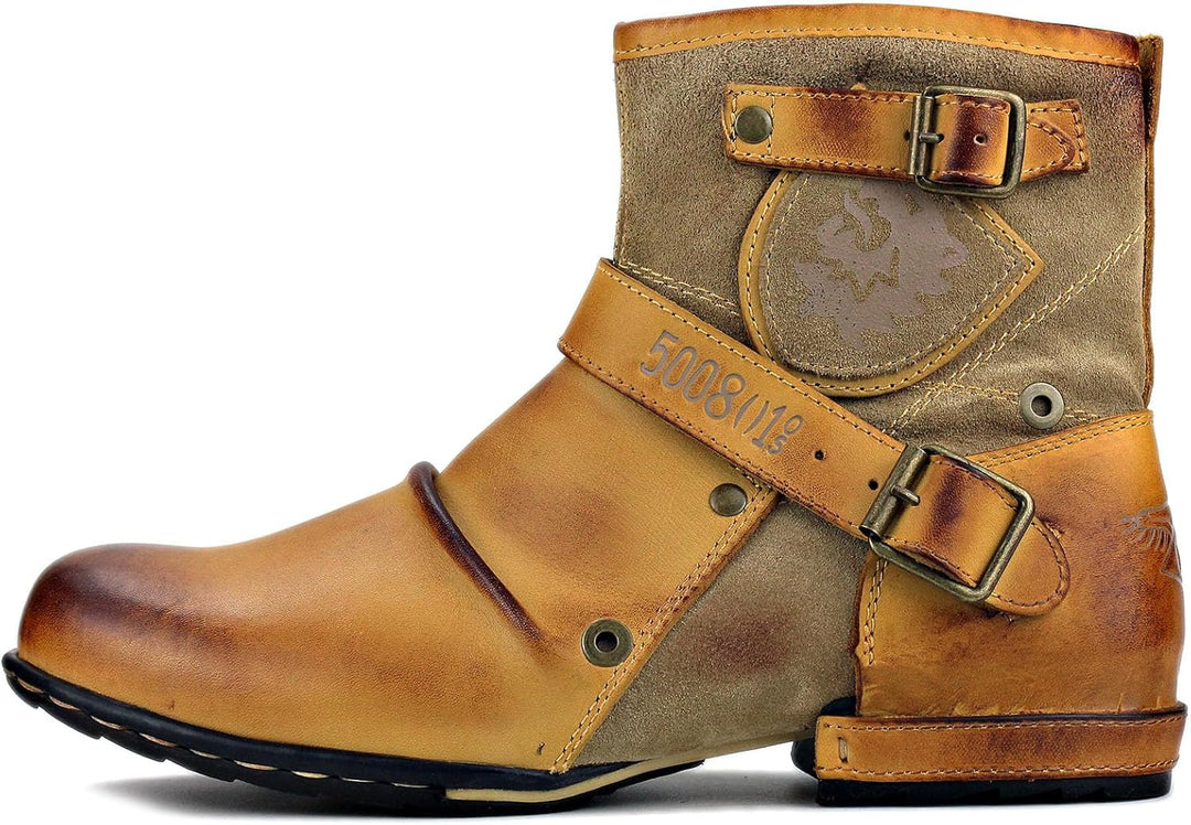 COWSDELLA Herren Stiefel aus Leder Rindsleder mit Gummisohle Biker Motorrad Boots mit Reissverschlus