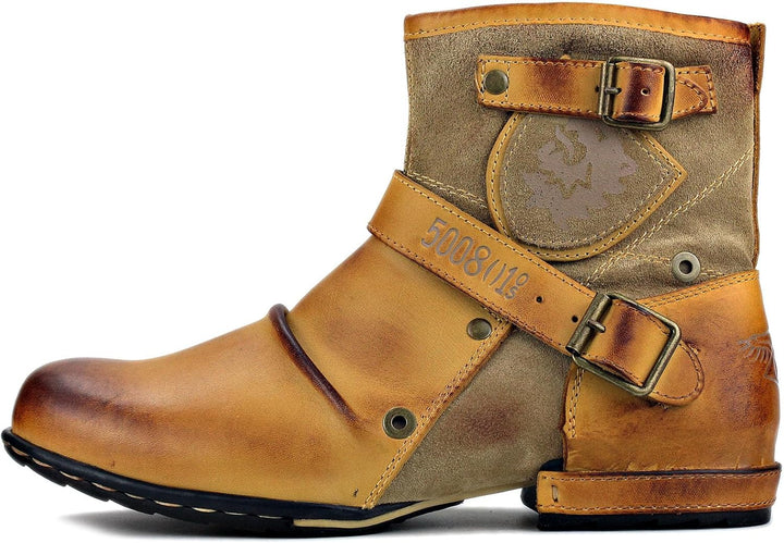COWSDELLA Herren Stiefel aus Leder Rindsleder mit Gummisohle Biker Motorrad Boots mit Reissverschlus