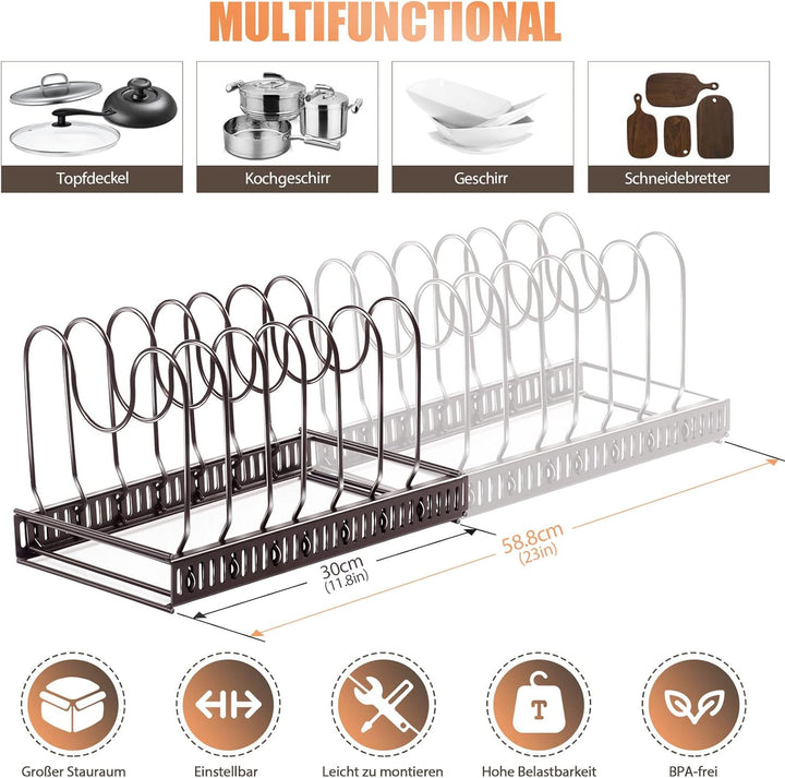 MASTERTOP Pfannenhalter für Schublade,Erweiterbarer Deckelhalter Topfdeckelhalter mit 8 Verstellbare