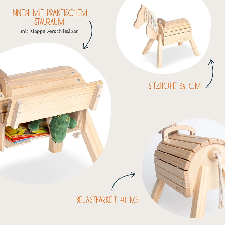 PINOLINO Holzpferd Nelli, Spielpferd aus Birke &amp; Fichte, klar lackiert, Reitpferd mit Stauraum, Holz