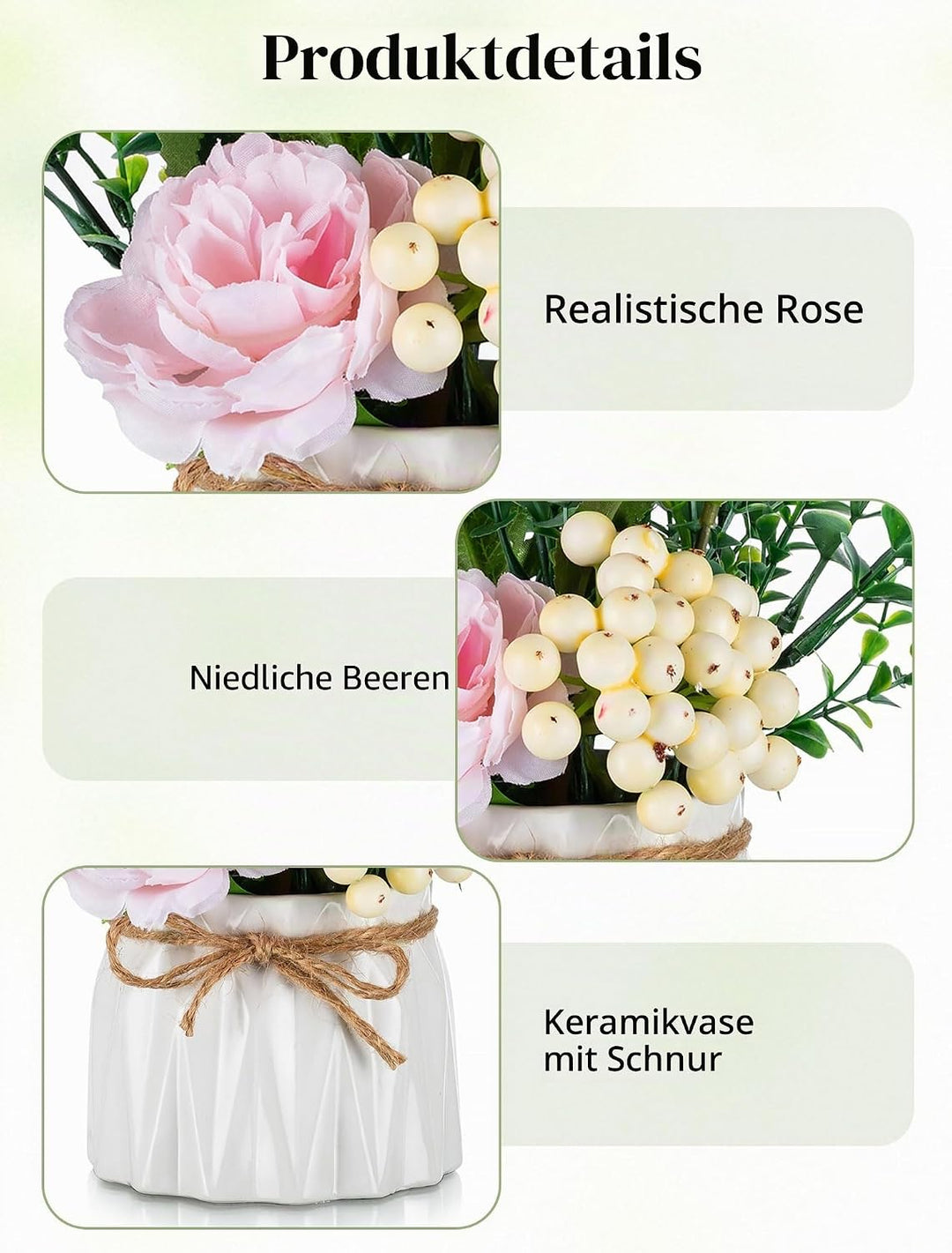 BLOSMON Kunstblumen im Topf Deko: 2 Stück Mini Rosa Künstliche Rosen Künstlich Blumen mit Vase für T