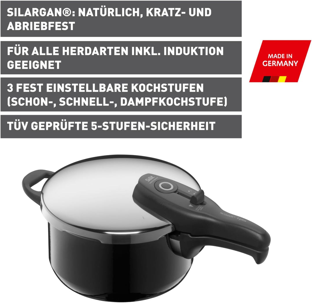 Silit Sicomatic t-plus Schnellkochtopf 4,5l, Schnelltopf 22 cm, Silargan Funktionskeramik, Induktion