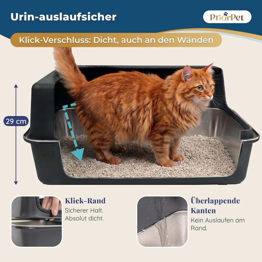 Katzenklo Edelstahl XXL Matt Schwarz – Leicht zu reinigen, geruchsresistent – Katzentoilette mit hoh