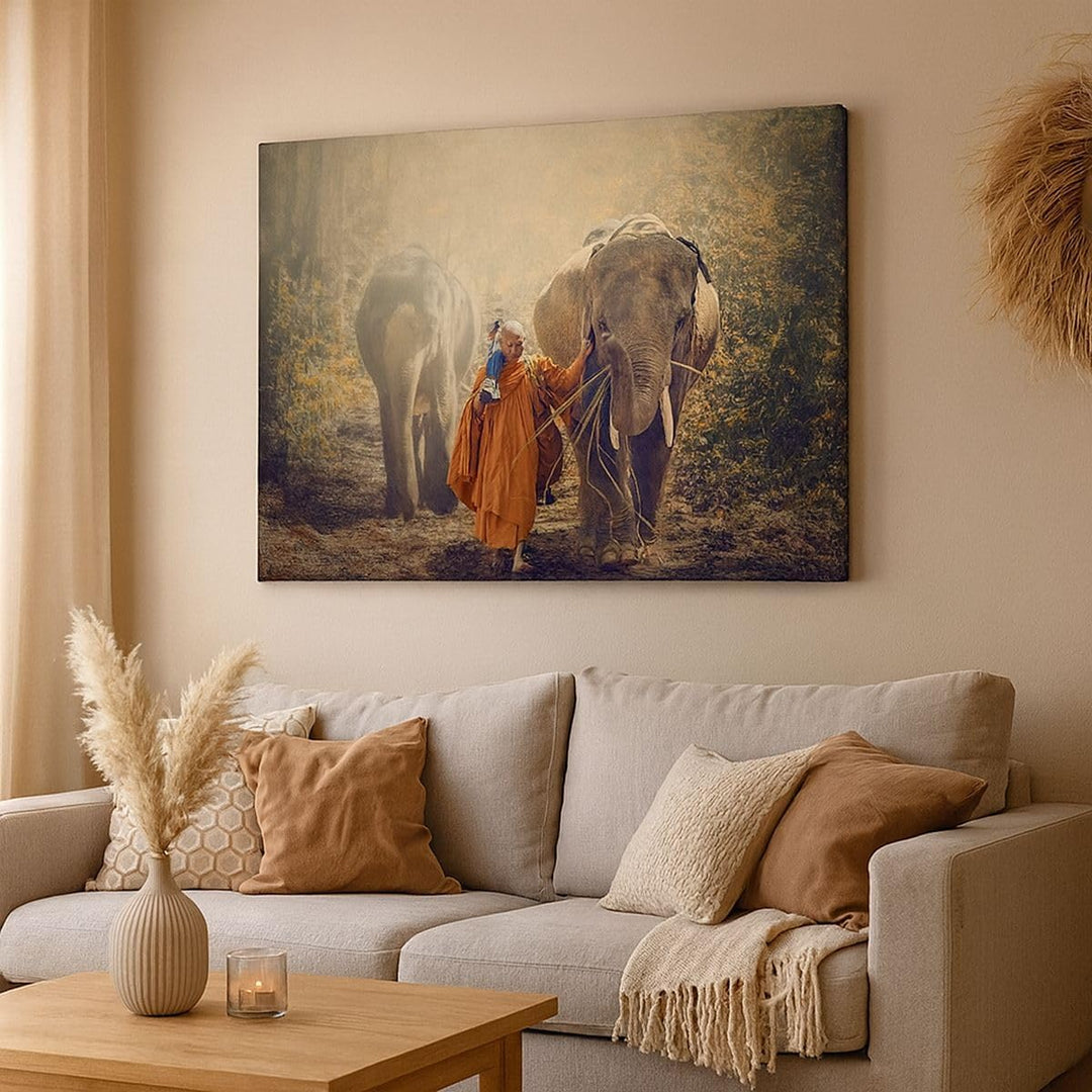 Bilder auf Leinwand 100x70cm Leinwandbild Elefant Mönch Dschungel Gross Wanddeko Bild Schlafzimmer K