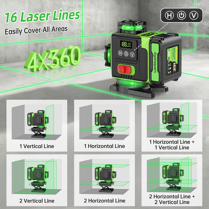 Lambluefly Kreuzlinienlaser mit Stativ, Laser Wasserwaage mit 2x5000mAh Batterien & LED-Anzeige, 4x3