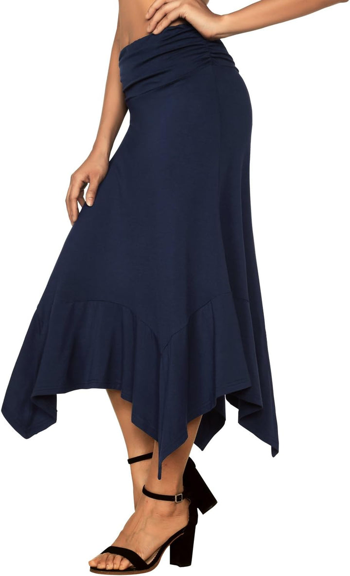 DJT Damen Elastisch Plissierte Taille Elegant Rock A-Linie Faltenrock Midi Rock mit Taschentuch Saum
