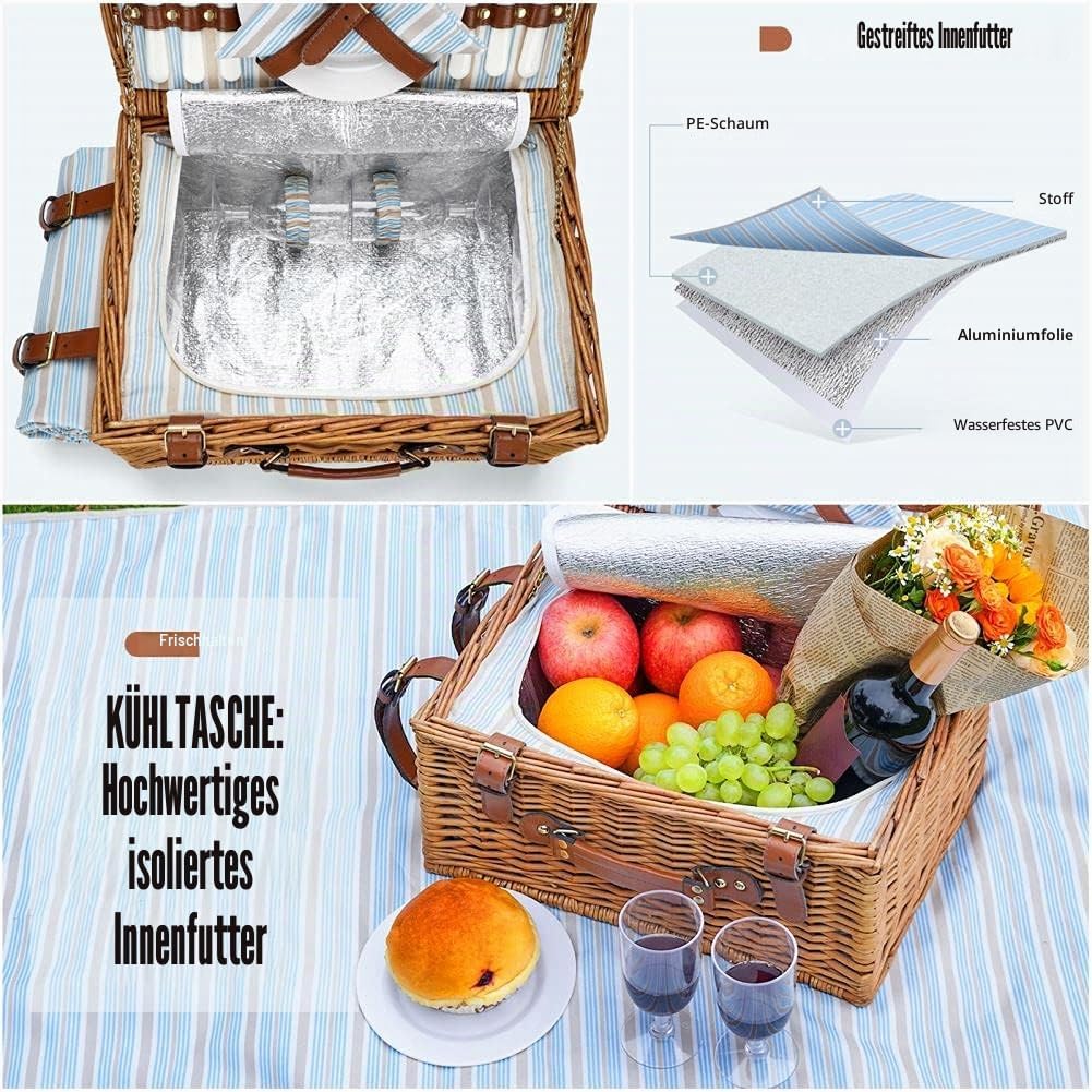 Picknickkorb Set für 2 Personen, Weidenkorb mit grossem isoliertem Kühlfach, wasserdichter Decke und