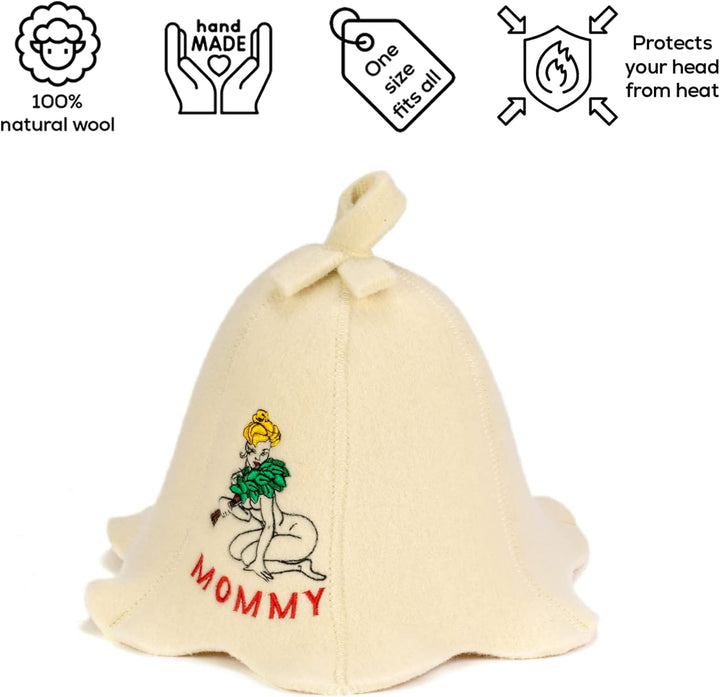 Natural Textile Saunahut 'Sauna Mommy' White - 100% organische Wollfilzmützen - Schützen Sie Ihren K