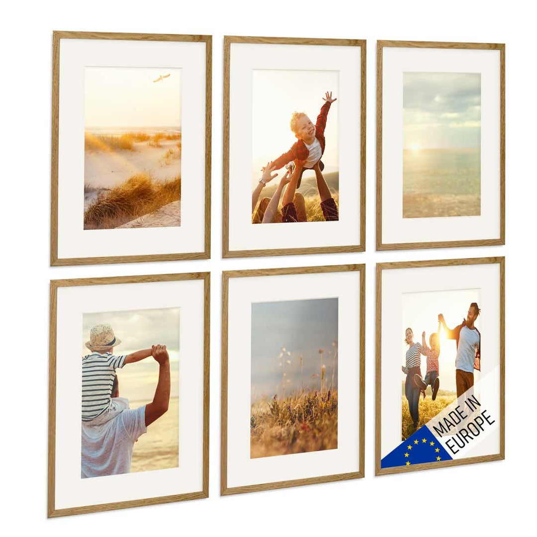 PHOTOLINI 6er Set Holzrahmen Eiche 30x40 mit Passepartout 20x30 cm Massivholz Schmal mit Acrylglassc