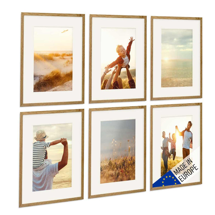 PHOTOLINI 6er Set Holzrahmen Eiche 30x40 mit Passepartout 20x30 cm Massivholz Schmal mit Acrylglassc