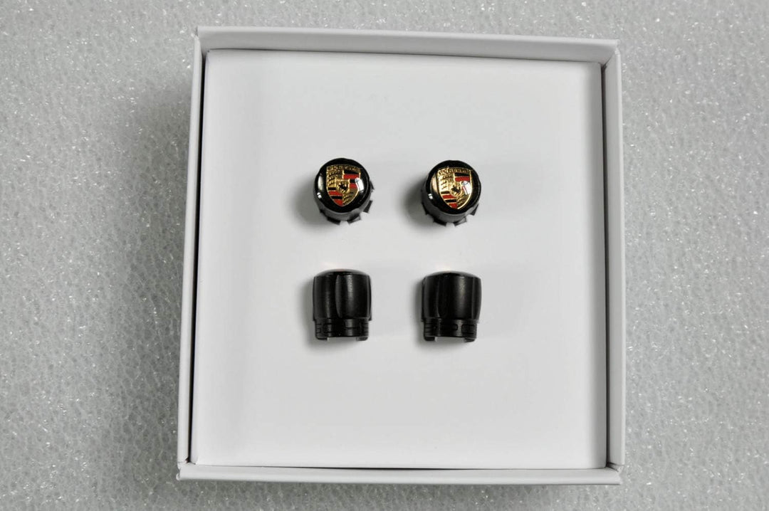 Porsche Ventilkappen Schwarz/Wappen farbig, Satz für RDK Sensoren