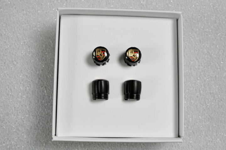 Porsche Ventilkappen Schwarz/Wappen farbig, Satz für RDK Sensoren