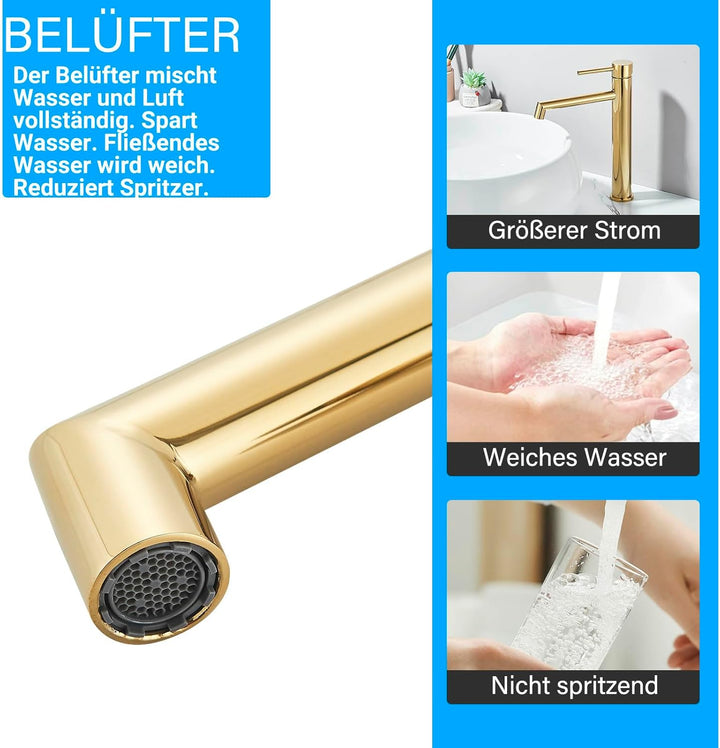 Wasserhahn Bad, Waschtischarmatur Hoch Waschbecken Armaturen in Gold mit Auslaufhöhe 200 MM High,Ein